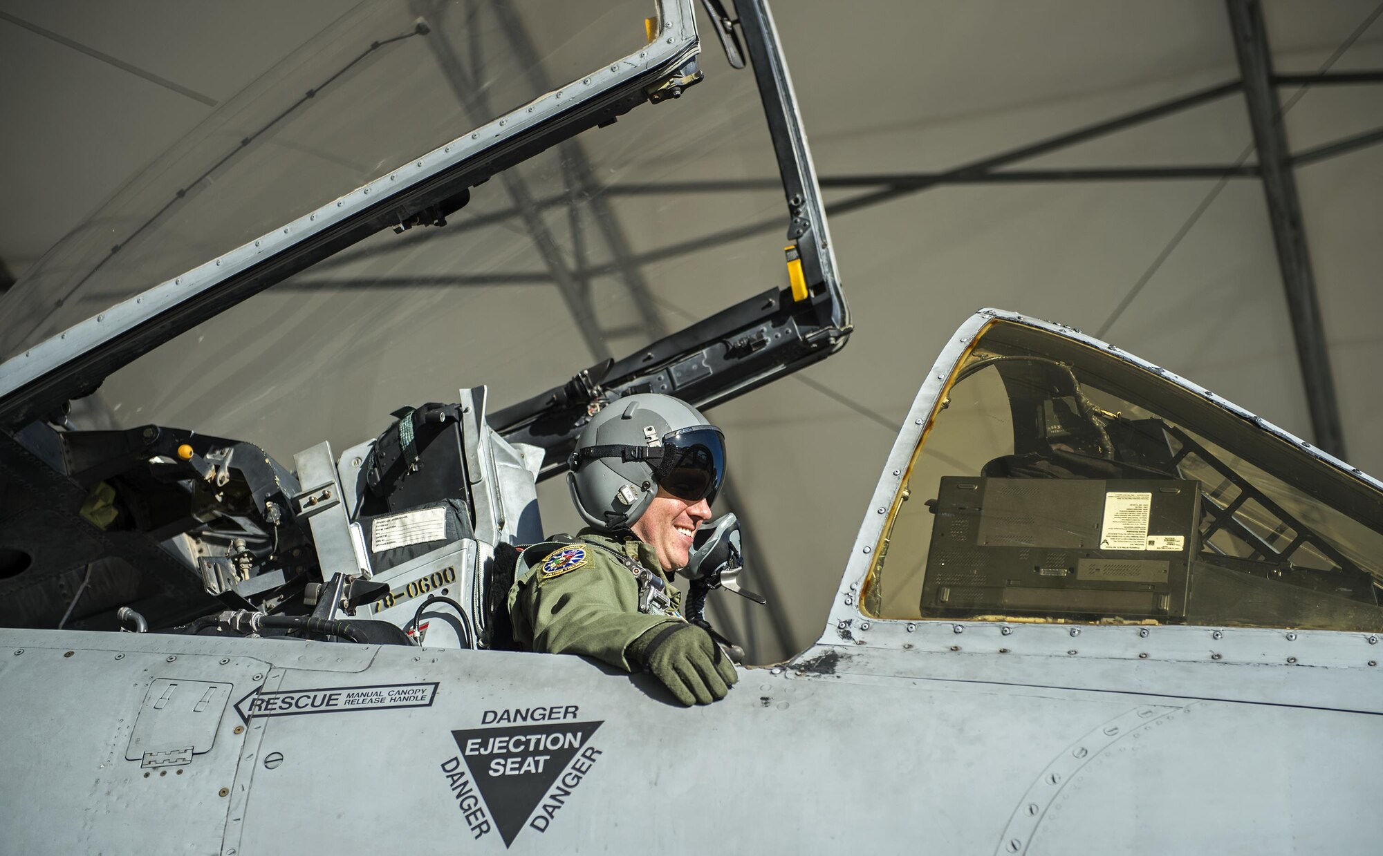 Capt. Thomas Ainscough, 74th Fighter Squadron A-10C Thunderbolt II pilot, laughs while waiting to taxi to the flightline, Jan. 12, 2017, at Moody Air Force Base, Ga. Ainscough and other Airmen and aircraft from the 74th FS were preparing to depart for a two-week long exercise at Nellis Air Force Base in Las Vegas, Nev. (U.S. Photo by Airman 1st Class Janiqua P. Robinson)