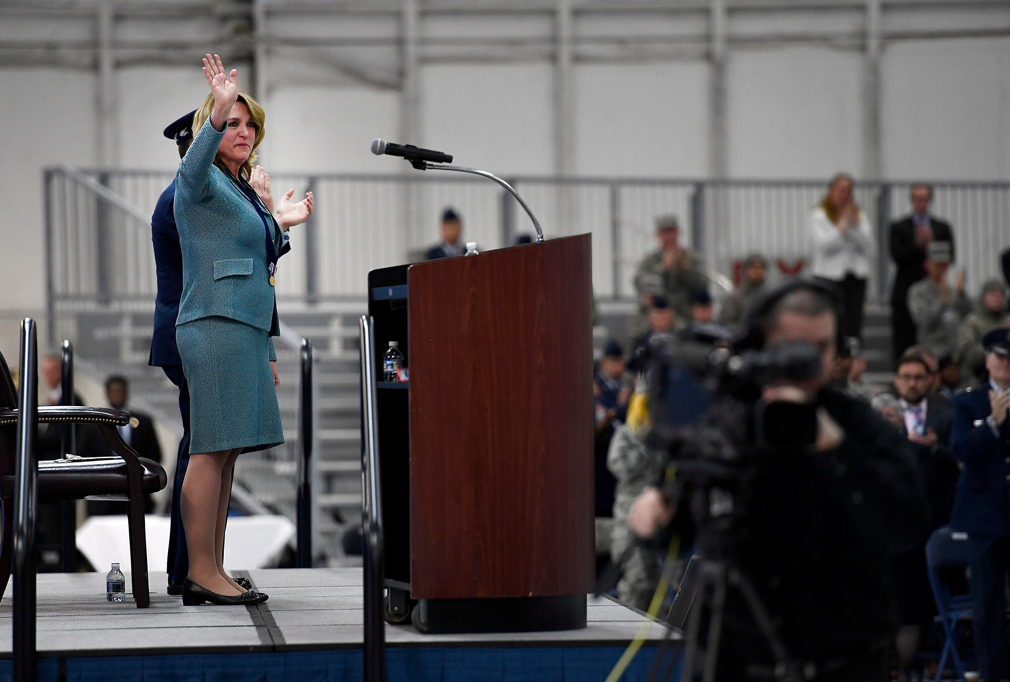 Secretary of the Air Force Deborah Lee James waves to attendees during her farewell ceremony at Joint Base Andrews, Md., Jan. 11, 2017.  James took office as the 23rd secretary of the Air Force in Dec. 2013.  (U.S. Air Force photo/Scott M. Ash)