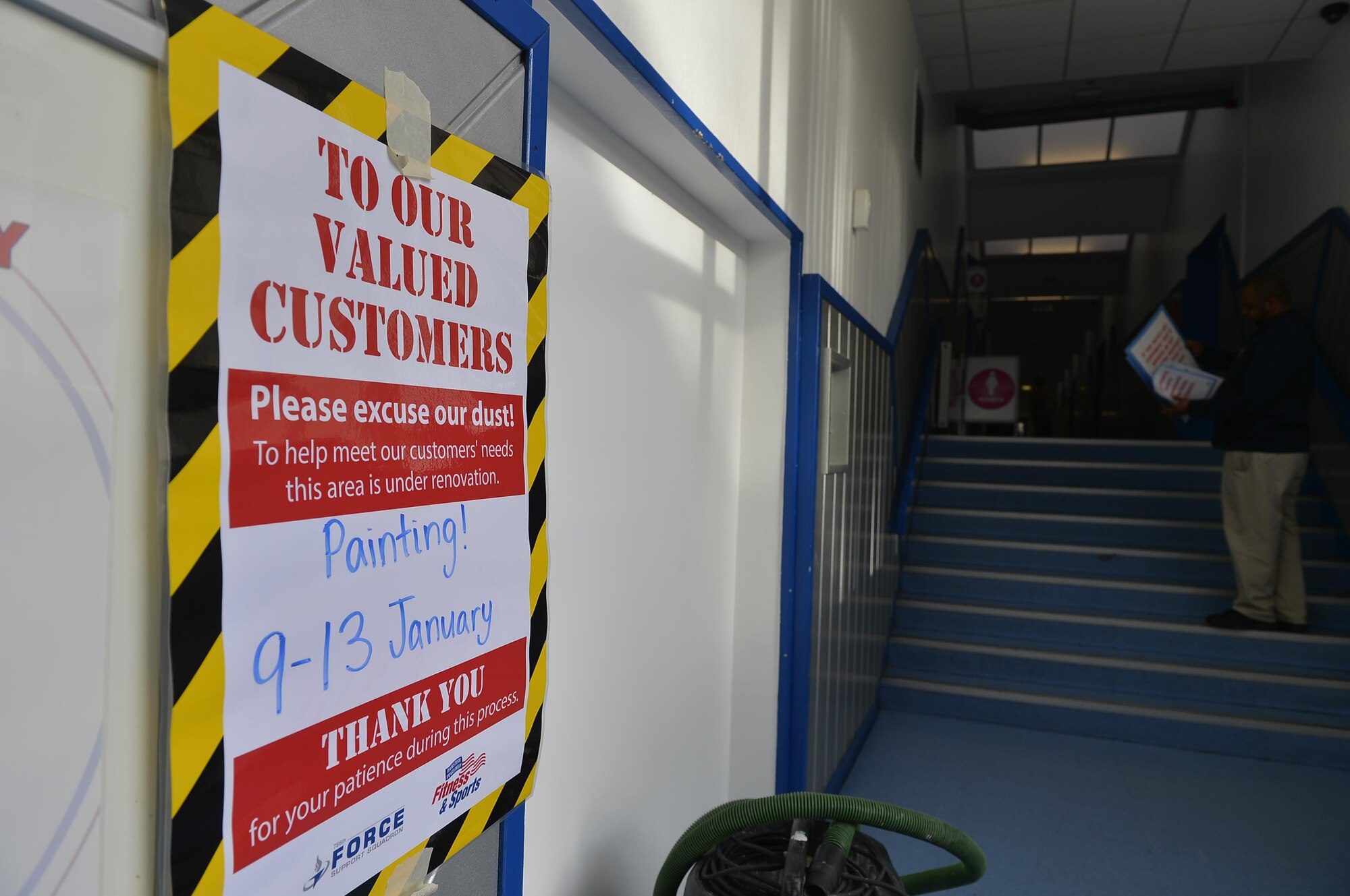 A sign announcing maintenance work hangs to a wall at the 86th Force Support Squadron’s Northside Fitness Center at Ramstein Air Base, Germany, Jan. 13, 2017. The facility is undergoing renovations in some of its facility’s features to enhance the quality of life of its patrons. (U.S. Air Force photo by Airman 1st Class Joshua Magbanua) 