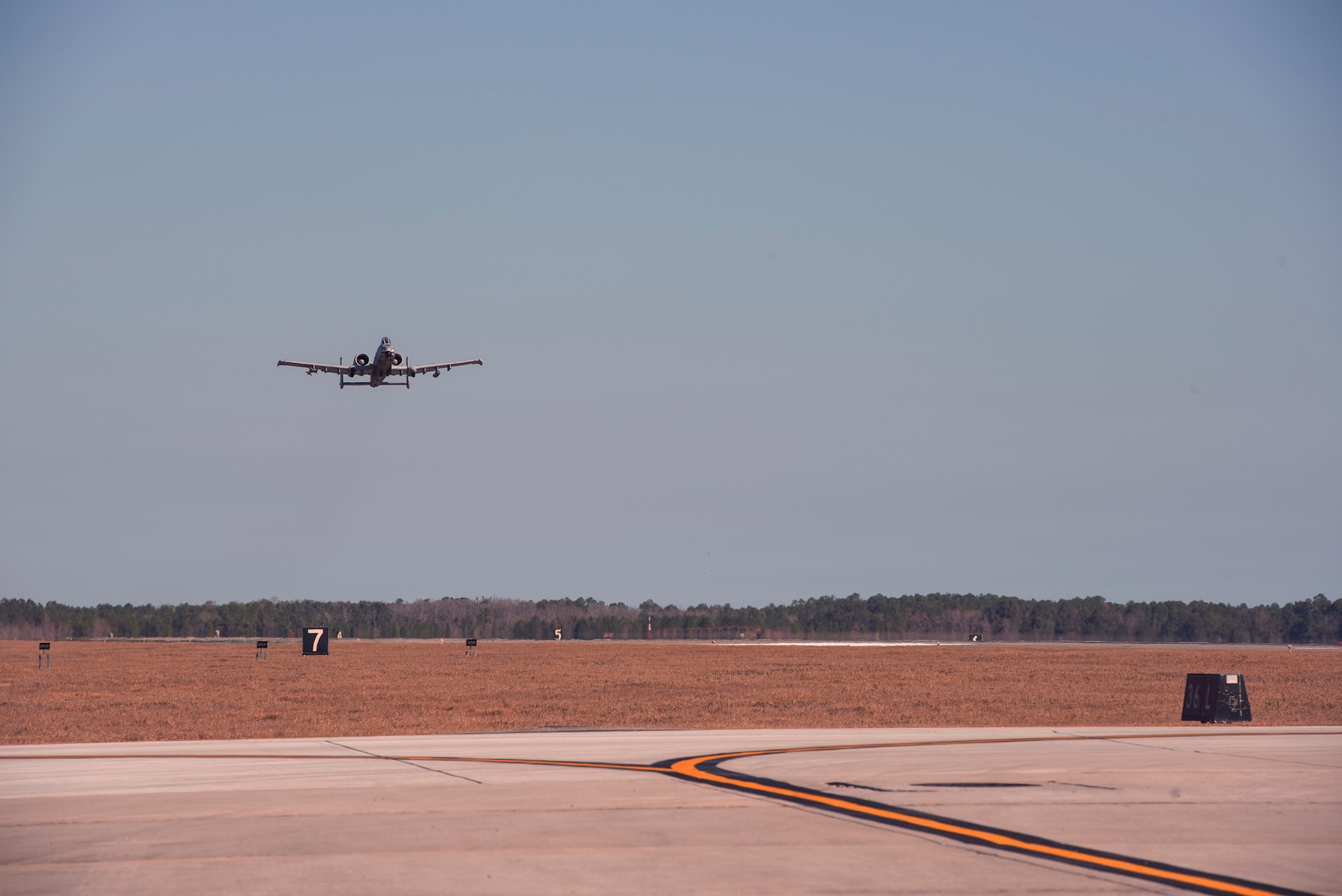 An A-10C Thunderbolt II from the 74th Fighter Squadron launches in support of Green Flag-West, Jan. 12, 2017, at Moody Air Force Base, Ga. Green Flag-West is an air-land integration exercise that the Air Force conducts with the U.S. Army. To hone their joint interoperability, the Army will conduct large-force exercises from the ground at the National Training Center at Fort Irwin, Calif., while the Air Force provides close air support to support these training objectives at Nellis AFB, Nev.