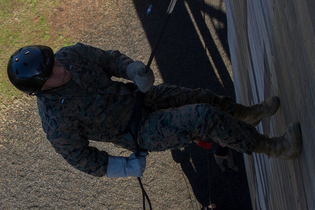 Lieutenant Williams W. Hohmeier Jr., supply officer of the 6th Marine Corps District, descends down the rappel tower aboard Marine Corps Recruit Depot Parris Island, January 12, 2017. The rappel tower is one of the many events that recruits must pass to graduate boot camp, and is one of the events that make of the Educators Workshop. The Educators Workshop provides the opportunity for educators to have an inside look at Marine Corps training to better inform their students in their local area. (Photo by Cpl. John-Paul Imbody/Released)