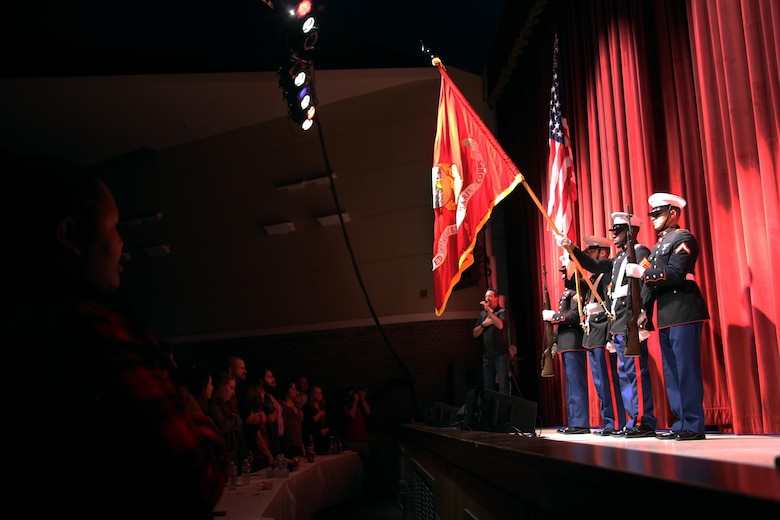 Marines present colors prior to the Cherry Point Unplugged concert aboard Marine Corps Air Station Cherry Point, N.C., Jan. 11, 2017. Marine Corps Community Services, local radio stations and numerous volunteers organized the event. Over 1,200 Marines, sailors and members of the community packed the Two Rivers Theater to enjoy the free concert featuring artists such as Aaron Lewis; Citizen Zero; A Thousand Horses; and Seasons After. (U.S. Marine Corps photo by Cpl. Mackenzie Gibson/ Released)