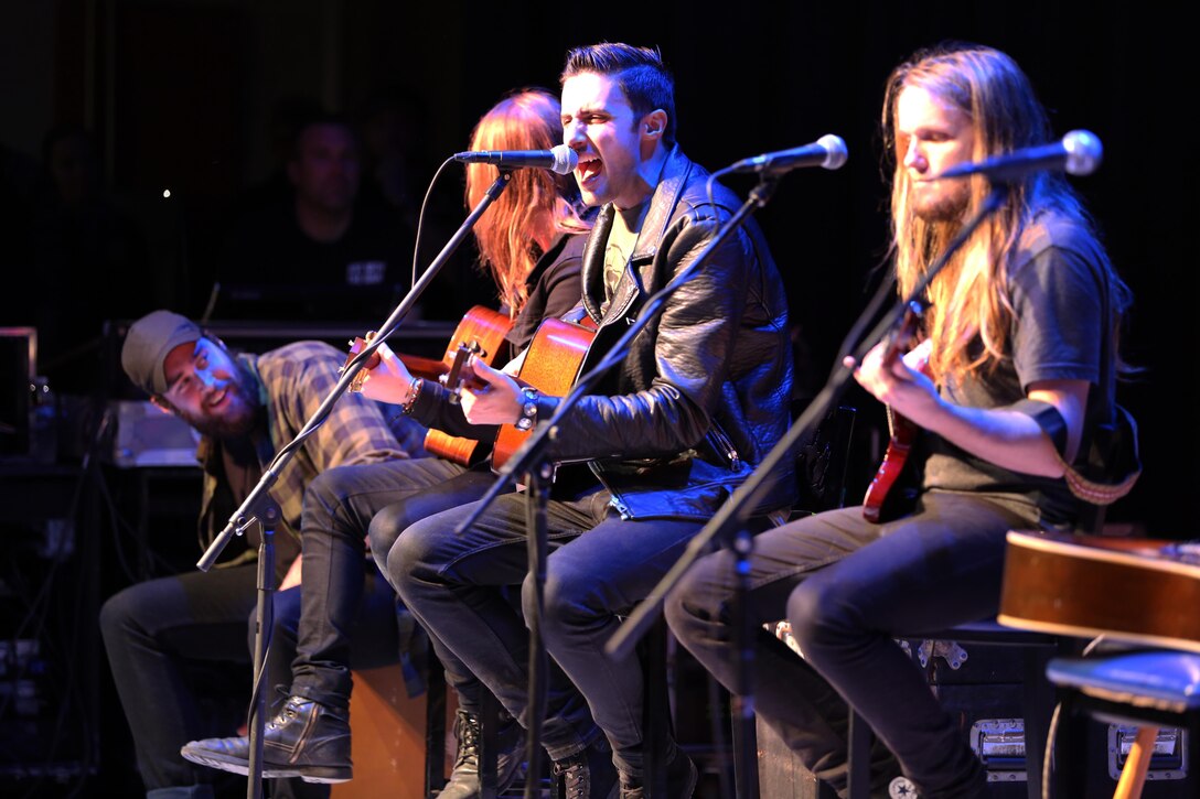 Citizen Zero performs during the Cherry Point Unplugged concert aboard Marine Corps Air Station Cherry Point, N.C., Jan. 11, 2017. Citizen Zero, a band from Detroit, employed an engaging mix of homespun rock & roll and arena-ready alternative rock to the stage. “It’s always awesome to be able to acknowledge anybody serving in the armed forces, and we hope to get invited back here,” said Josh LeMay, lead vocalist and rhythm guitarist with the band. Over 1,200 Marines, sailors and members of the community packed the Two Rivers Theater to enjoy the free concert featuring artists such as Aaron Lewis; Citizen Zero; A Thousand Horses; and Seasons After. (U.S. Marine Corps photo by Cpl. Mackenzie Gibson/ Released)