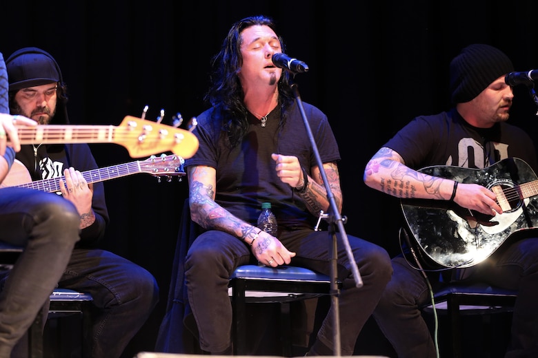 Seasons After performs during the Cherry Point Unplugged concert aboard Marine Corps Air Station Cherry Point, N.C., Jan. 11, 2017. Originating in Wichita, Kan., Seasons After brought a heavy metal rock experience to the show. Over 1,200 Marines, sailors and members of the community packed the Two Rivers Theater to enjoy the free concert featuring artists such as Aaron Lewis; Citizen Zero; A Thousand Horses; and Seasons After. (U.S. Marine Corps photo by Cpl. Mackenzie Gibson/ Released)