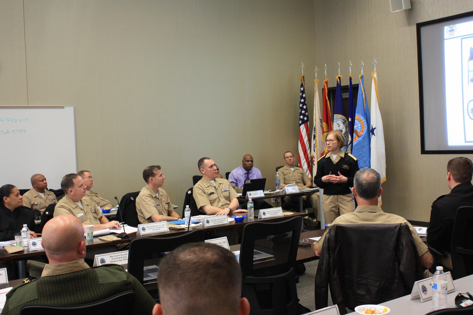 Navy Supply Corps Rear Adm. Deborah Haven, DLA JRF director, discusses expectations for leaders in DLA during the 9th annual New Leaders Conference, held at DLA Distribution in New Cumberland, Pa., from Jan. 6 to 8. 