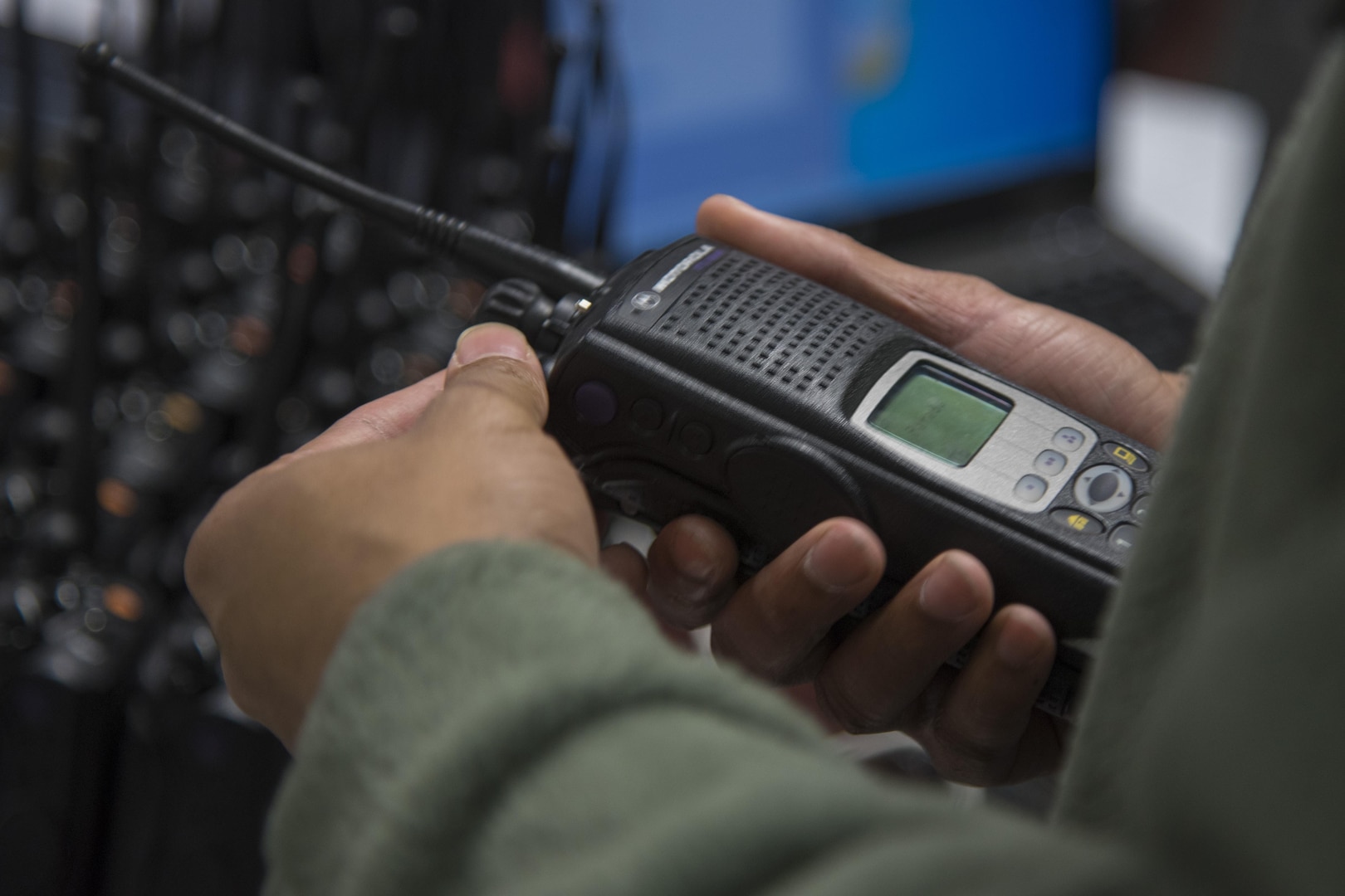 A 744th Communications Squadron radio frequency transmission system technician inspects a land mobile radio on Joint Base Andrews, Md., Jan. 11, 2017. Approximately 200 LMRs were given out to Airmen participating in the 58th Presidential Inauguration. The 744th CS’s mission is to keep the Airmen informed and able to communicate during the inauguration. (U.S. Air Force photo by Airman 1st Class Valentina Lopez)