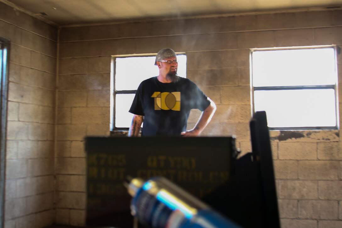 Scott Guelcher an Art Teacher at Island Coast High School participates in the gas chamber walkthrough during the Educators Workshop aboard Recruit Depot Parris Island, South Carolina, January 12, 2017. The educators come from both Recruiting Station Fort Lauderdale and Orlando to experience the Educators Workshop. The Educators Workshop provides an opportunity to educators to have an inside look at Marine Corps traning to better inform their students in their local area. ( U.S. Marine Corps photo by Lance Cpl. Jack A. E. Rigsby/Released)