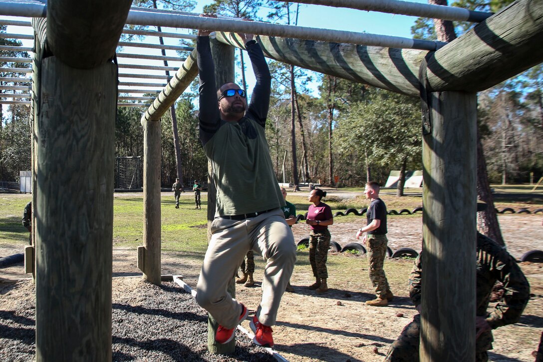 Alan Parmenter a Teacher at Mitchell High School participates in the Confidence Course during the Educators Workshop aboard Recruit Depot Parris Island, South Carolina, January 12, 2017. The educators come from both Recruiting Station Fort Lauderdale and Orlando to experience the Educators Workshop. The Educators Workshop provides an opportunity to educators to have an inside look at Marine Corps traning to better inform their students in their local area. ( U.S. Marine Corps photo by Lance Cpl. Jack A. E. Rigsby/Released)