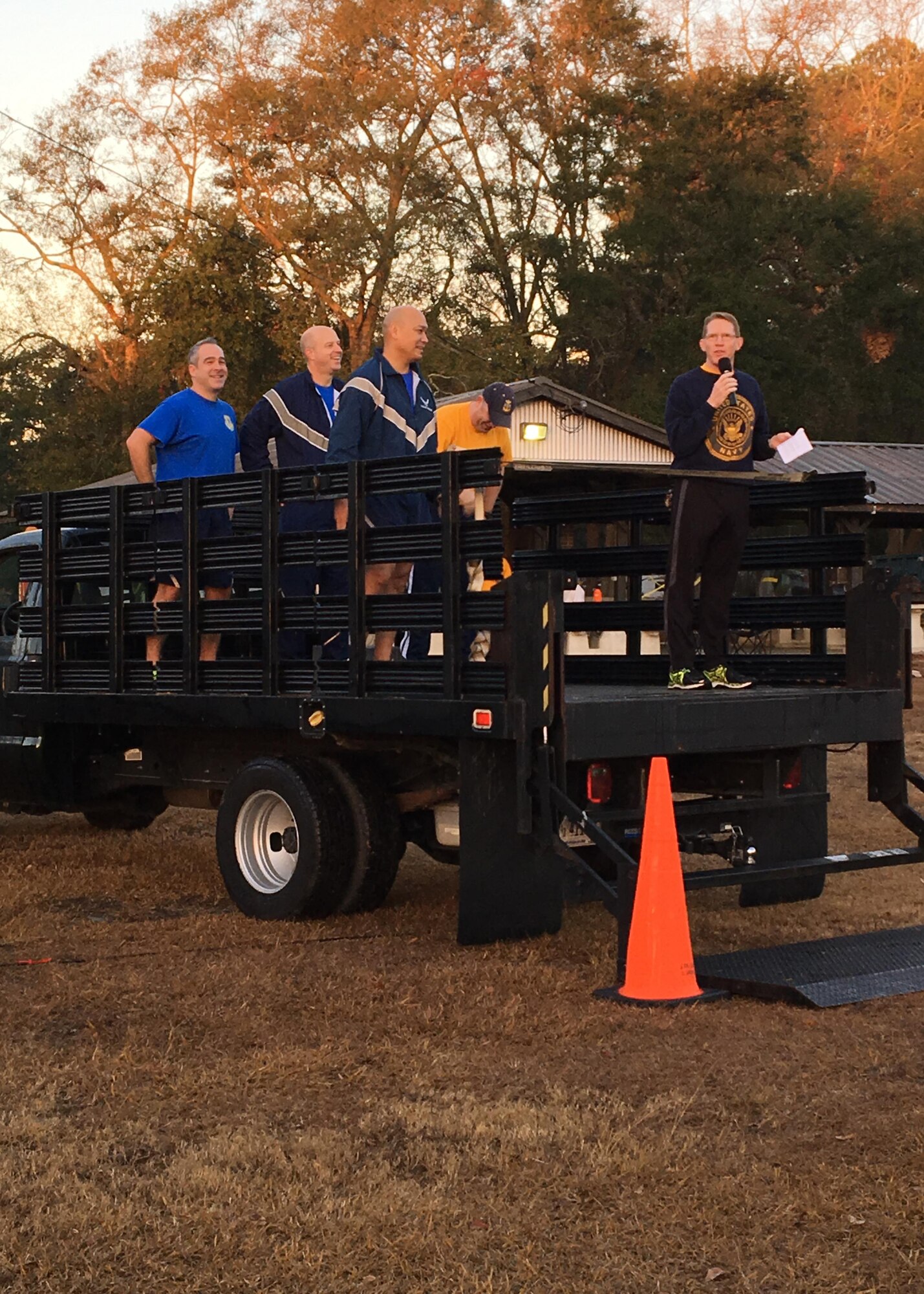 Joint Base Charleston leadership give opening comments to start the Wingman Day Olympics here, Jan. 13. For Wingman Day Airmen participated in various events with their squadrons to foster teamwork and communication while covering the four domains of Comprehensive Airmen Fitness.