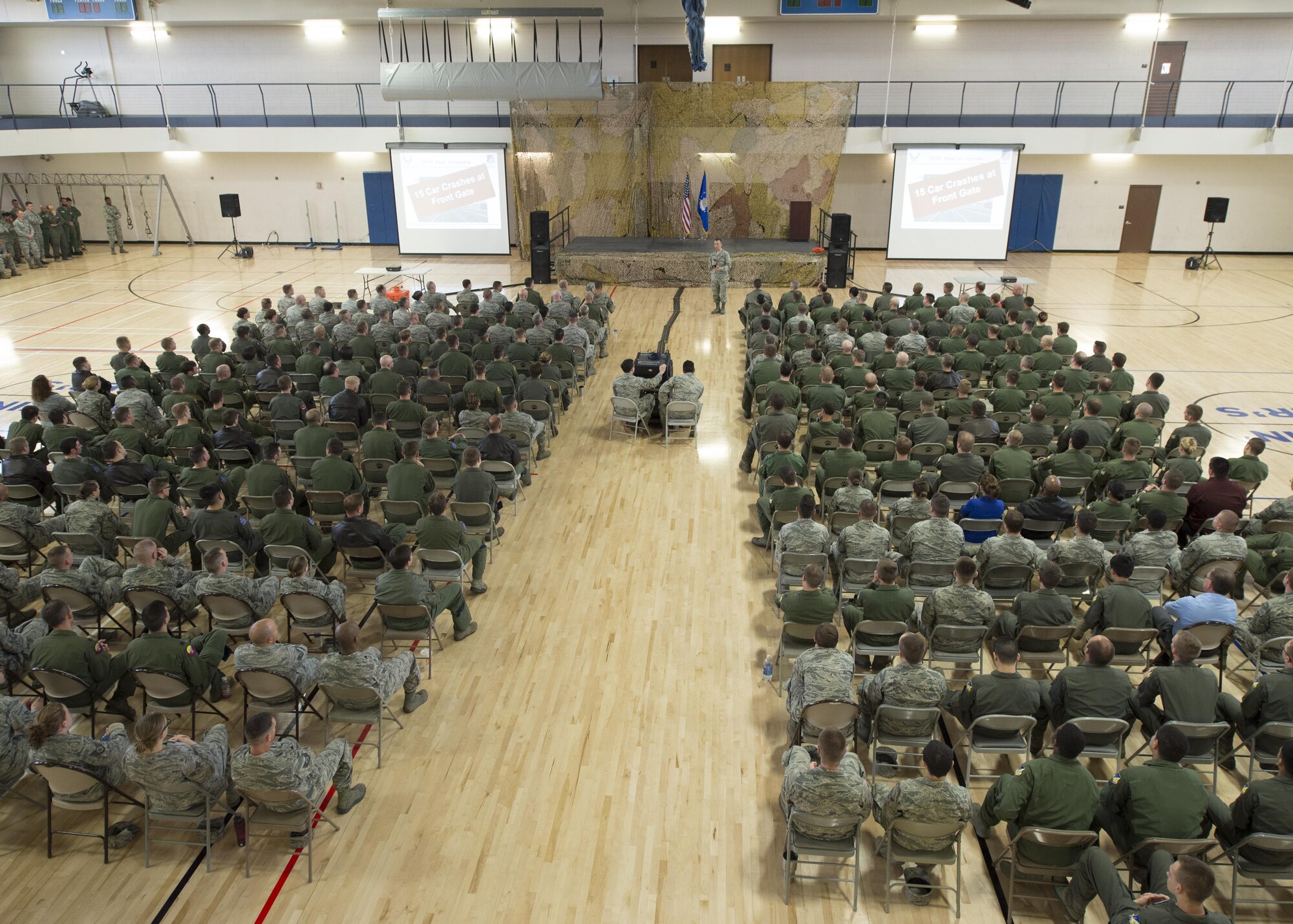 Col. Houston Cantwell, the 49th Wing commander, speaks to Airmen at an all-call on Jan. 3, 2017 at Holloman Air Force Base, N.M. Cantwell discussed the highs and lows of 2016, as well as where the wing is heading for 2017. Specifically, he mentioned the increase in Remotely Piloted Aircraft training and the Wing’s new mission and vision statements. (U.S. Air Force photo by Senior Airman Emily Kenney)