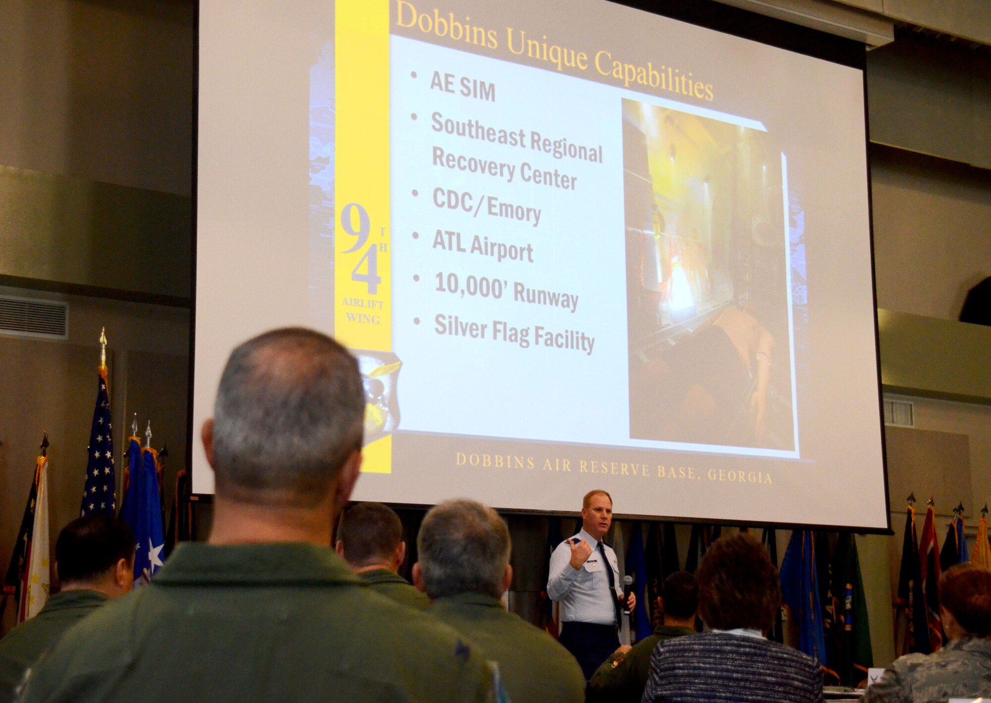 Col. James Kellogg, 94th Airlift Wing vice commander, delivers an overview of the wing mission and highlights issues concerning local Airmen during the Air Reserve Forces Policy Committee meeting at the Clay National Guard Center Drill Hall Jan. 11, 2017.  The ARFPC allows Active Guard and Reserve leaders to streamline current policies and influence the development of new ones. (U.S. Air Force photo/Don Peek)