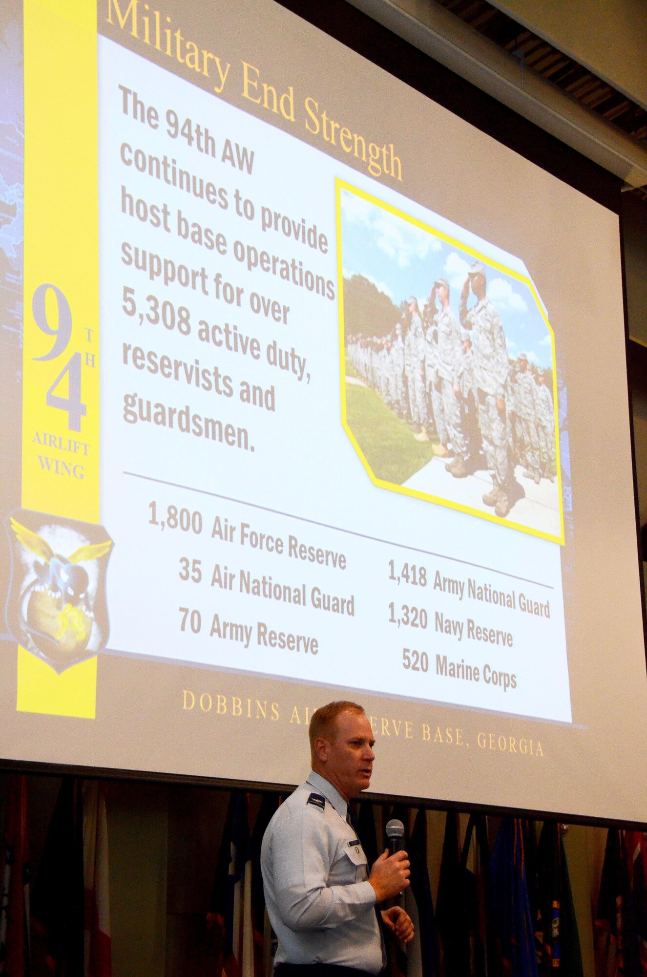 Col. James Kellogg, 94th Airlift Wing vice commander, delivers an overview of the wing mission and highlights issues concerning local Airmen during the Air Reserve Forces Policy Committee meeting at the Clay National Guard Center Drill Hall Jan. 11, 2017.  The ARFPC allows Active Guard and Reserve leaders to streamline current policies and influence the development of new ones. (U.S. Air Force photo/Don Peek)