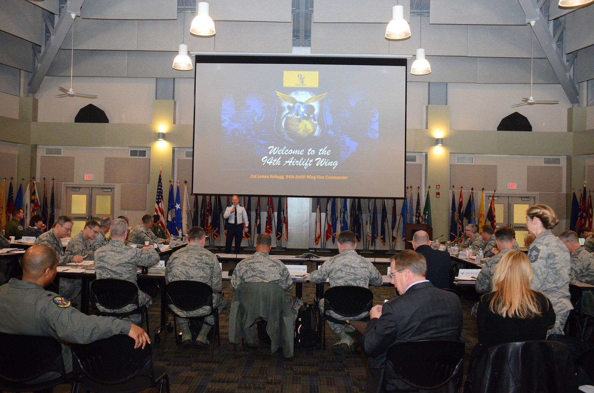 Col. James Kellogg, 94th Airlift Wing vice commander, delivers an overview of the wing mission and highlights issues concerning local Airmen during the Air Reserve Forces Policy Committee meeting at the Clay National Guard Center Drill Hall Jan. 11, 2017.  The ARFPC allows Active Guard and Reserve leaders to streamline current policies and influence the development of new ones. (U.S. Air Force photo/Don Peek)