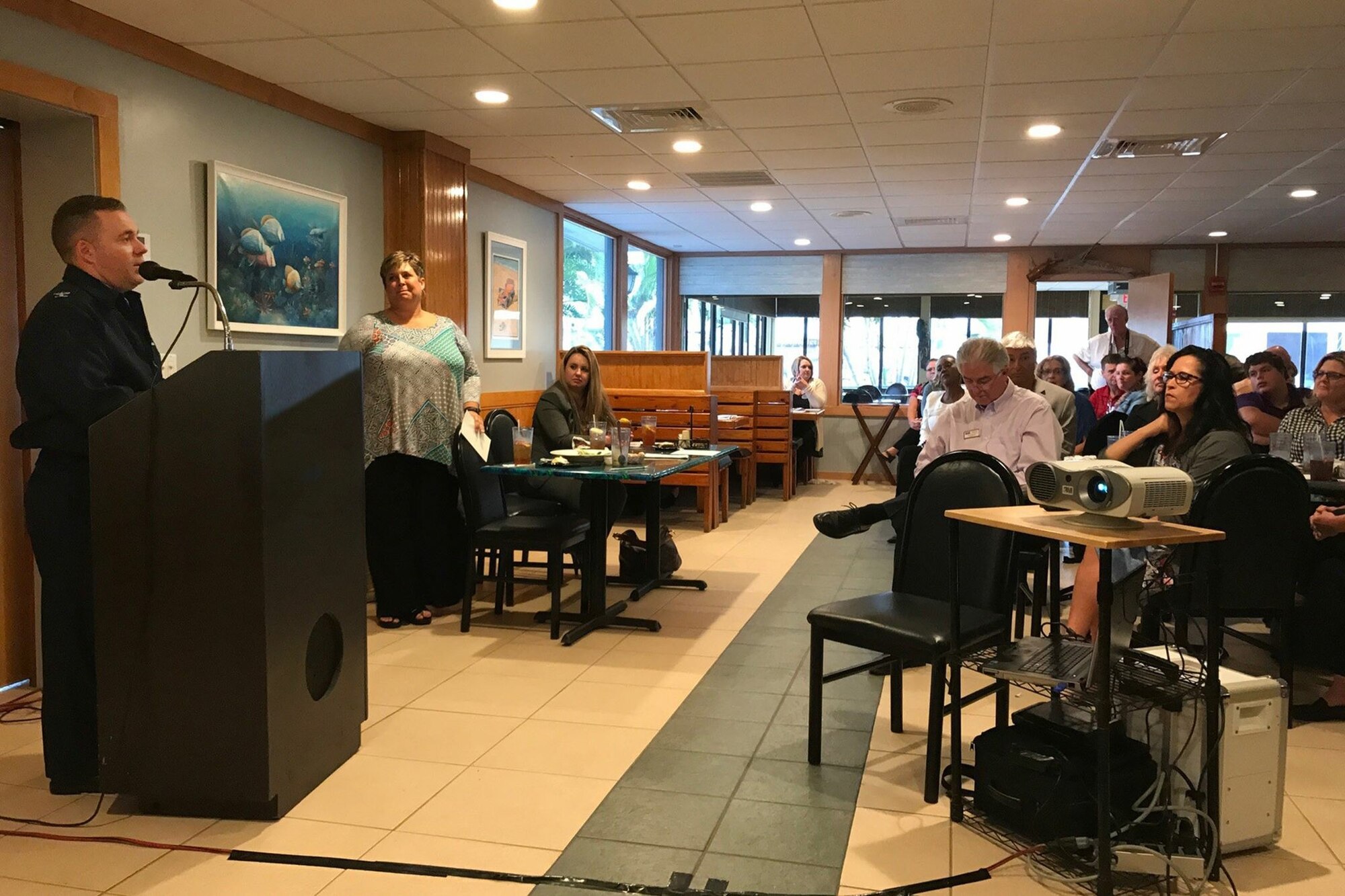 Col. Z. Walter Jackim, 45th Space Wing vice commander, updates members of the Titusville Chamber of Commerce during a luncheon Jan. 11, 2017, in Titusville, Fla. Jackim updated members about the 2016 accomplishments and about the future goals of the wing to reach more than 30 launches in 2017. Additionally, he lauded the Patrick AFB local community and Patrick AFB partners for taking the time to learn about the 45th Space Wing’s mission and continually supporting base and launch operations. (Courtesy photo) 