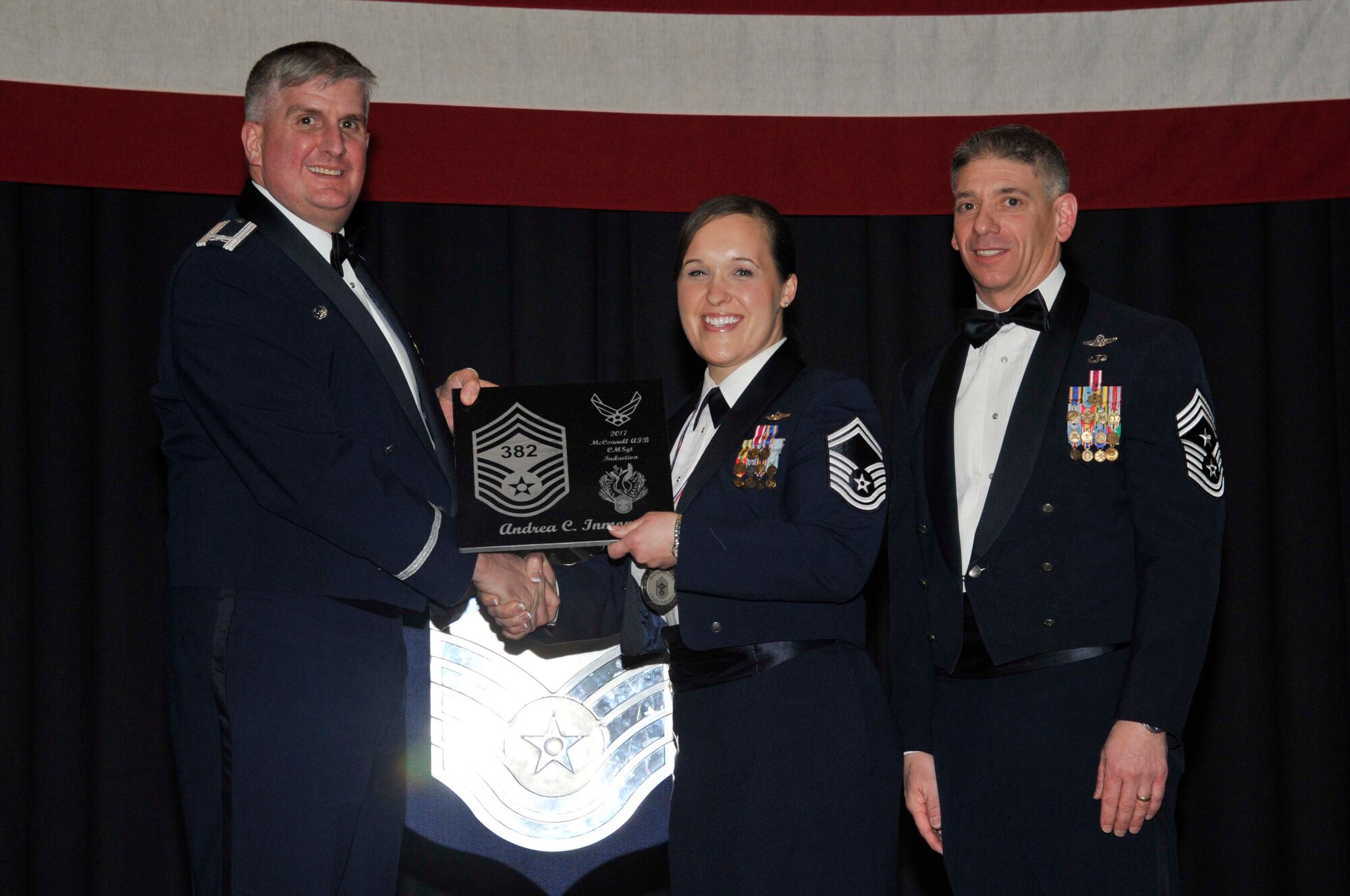 Five Airmen were recognized for their selection to chief master sergeant during a ceremony Jan. 12, 2017 at McConnell Air Force Base, Kan. Chief master sergeant is the highest enlisted rank in the Air Force. (U.S. Air Force photo/Airman 1st Class Erin McClellan)
