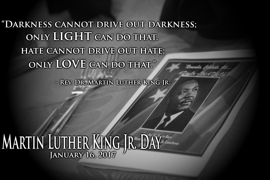 Martin Luther King, Jr. Day celebrates the life and legacy of a man who played a key part in many well-known civil rights movements in the 1950s and 1960s and affected generations of people since he began his work. He brought hope and healing to the U.S. and radiated the values of courage, truth, justice, love and compassion in a time where people of color were segregated. In commemoration of this day, two Keesler dragons and the guest speaker for the base Rev. Dr. Martin Luther King Jr. Memorial Luncheon reflect on how King affected their lives and what he represents to them. (U.S. Air Force graphic by Airman 1st Class Travis Beihl)
