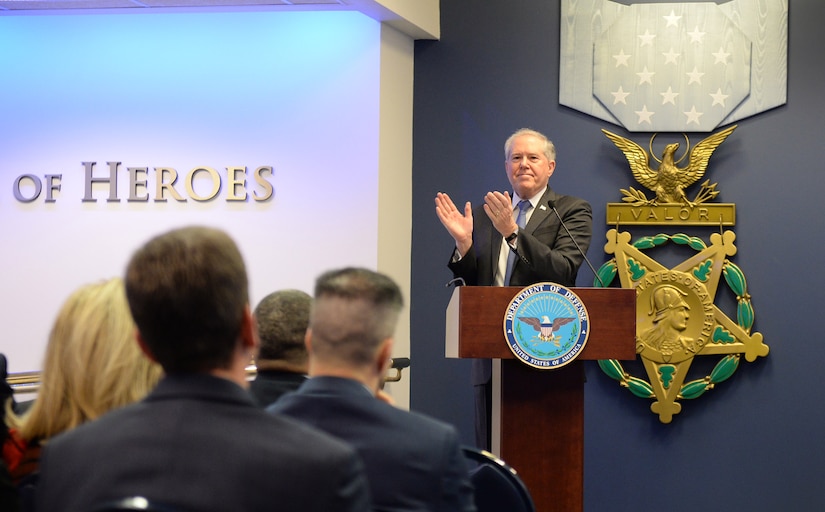 Frank Kendall, undersecretary of defense for acquisition, technology and logistics, awards the 14th Manufacturing USA institute -- the Advanced Robotics Manufacturing Innovation Hub -- to American Robotics Inc., at the Pentagon, Jan. 13, 2016. The eighth DoD-led institute, the ARM institute joins the Manufacturing USA network in its collective effort to help revitalize American manufacturing and incentivize companies to invest in new technology development in the United States. DoD photo by Marvin Lynchard