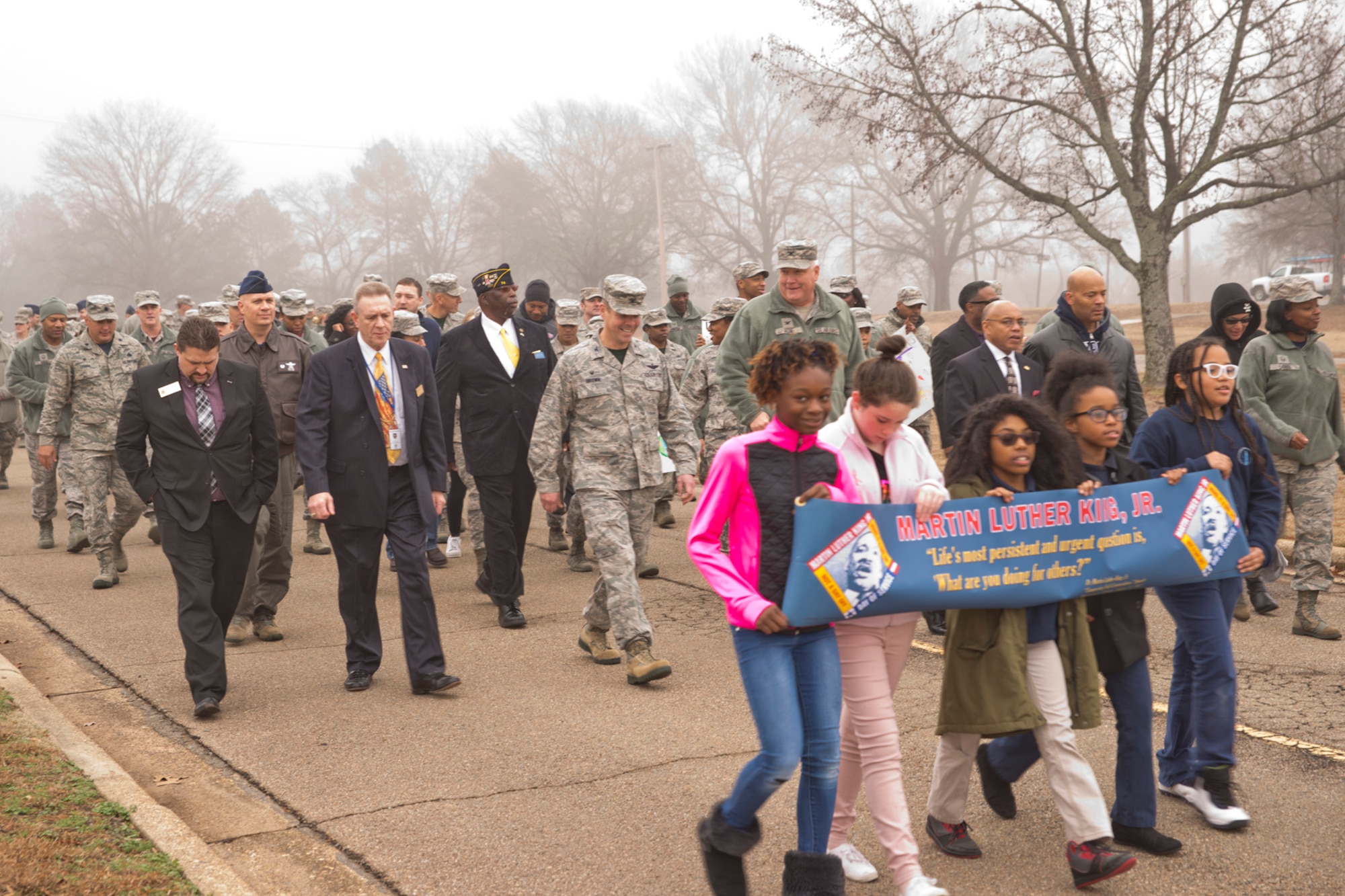 Team Little Rock celebrates “Unity in Community” with a Commemorative Walk during the 19th Airlift Wing’s Rev. Dr. Martin Luther King, Jr., March and Celebration at Little Rock Air Force Base, Ark., Jan. 13, 2017.  The guest speaker for the event was former Deputy Adjutant General for the State of Arkansas, Retired Brig. Gen. William J. Johnson. (U.S. Air Force photo by Master Sgt. Jeff Walston/Released)