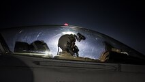 Capt. David, 79th Expeditionary Fighter Squadron pilot, taxis an F-16 Fighting Falcon before a night mission Jan. 13, 2017 at Bagram Airfield, Afghanistan. To become a pilot, David went to school while working as a maintainer, through a deployment to Balad Airfield, Iraq and temporary duties where he was often gone for three weeks out of every month. (U.S. Air Force photo by Staff Sgt. Katherine Spessa)