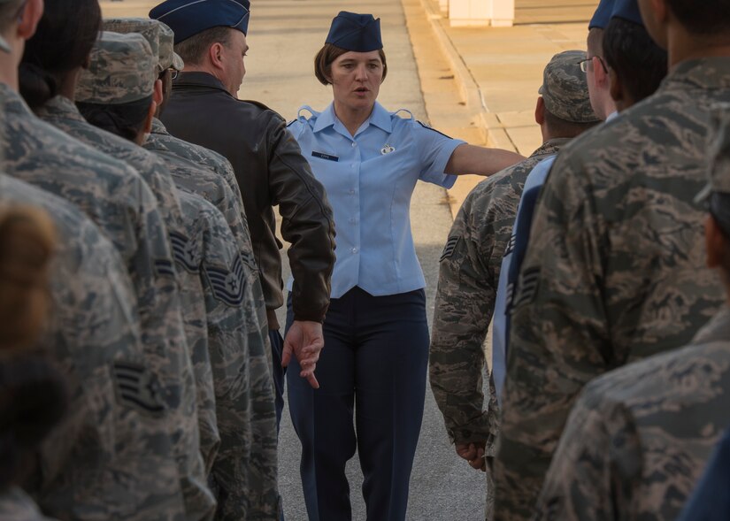 Chief Master Sgt. Jodi Epps, Wing Staff Agency superintendent, leads the cordon rehearsal in preparation for the 58th Presidential Inauguration at Joint Base Andrews, Md., Jan. 12, 2017. There will be more than 1,500 military members forming the street cordon and lining the inaugural parade route to render honors to the commander in chief, Jan. 20. (U.S. Air Force photo by Airman 1st Class Valentina Lopez)