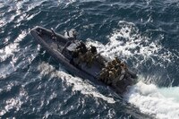 Marines with the 24th Marine Expeditionary Unit’s Maritime Raid and Sailors with USS Mesa Verde, conduct a visit, board, search and seizure training event at sea, Jan. 14, 2017 during Composite Training Unit Exercise. COMPTUEX is a compilation of a series of training scenarios designed to solidify unit cohesion and refine operational efficiency prior to their upcoming deployment as an integrated unit. 