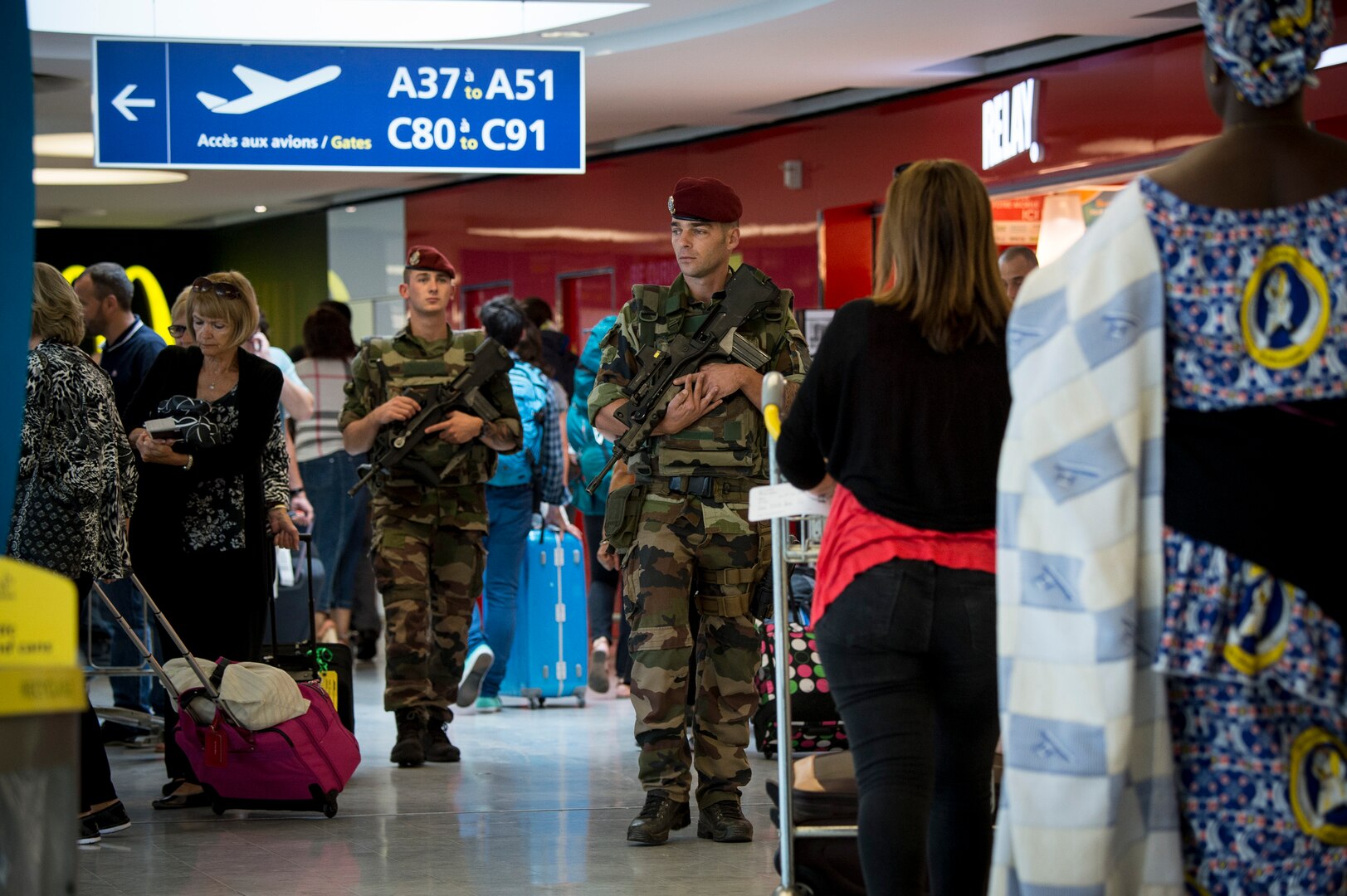 French soldiers provide security at an airport in France as part of Operation Sentinelle. About 13,000 French service members are helping protect France against the threat of extremists. French Ministry of Defense photo