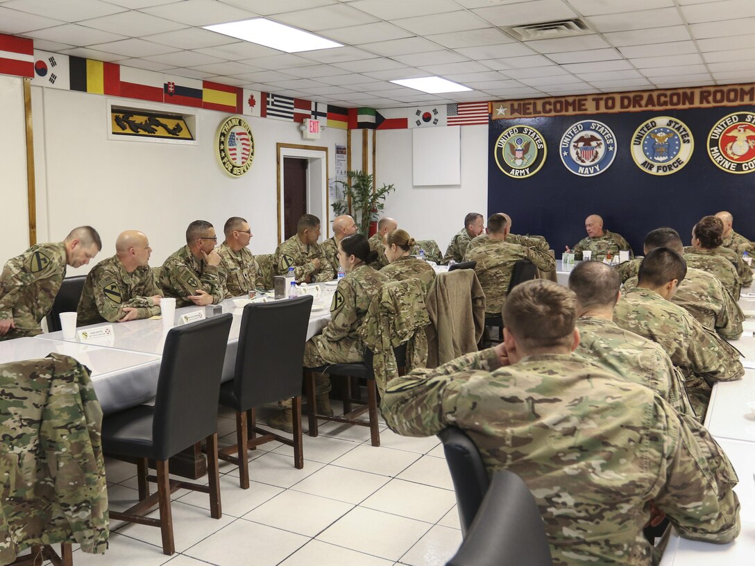 BAGRAM AIRFIELD, Afghanistan—LTG Charles D. Luckey, Chief of Army Reserve and Commanding General, U.S. Army Reserve Command talked to USAR, National Guard and Active duty Soldiers during his visit to Bagram Airfield, Afghanistan Jan. 8. Luckey talked to service members about the rapid deployment force and training plans to ensure USAR troops are ready to mobilize in less than 90 days.