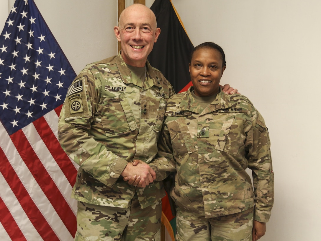 BAGRAM AIRFIELD, Afghanistan—LTG Charles D. Luckey, Chief of Army Reserve and Commanding General, U.S. Army Reserve Command and Sgt. Maj. Velma Lyons, sergeant major for Army Field Support Battalion-Afghanistan (AFSBn-A) takes a photo during his visit to Bagram Airfield, Afghanistan, Jan.8.