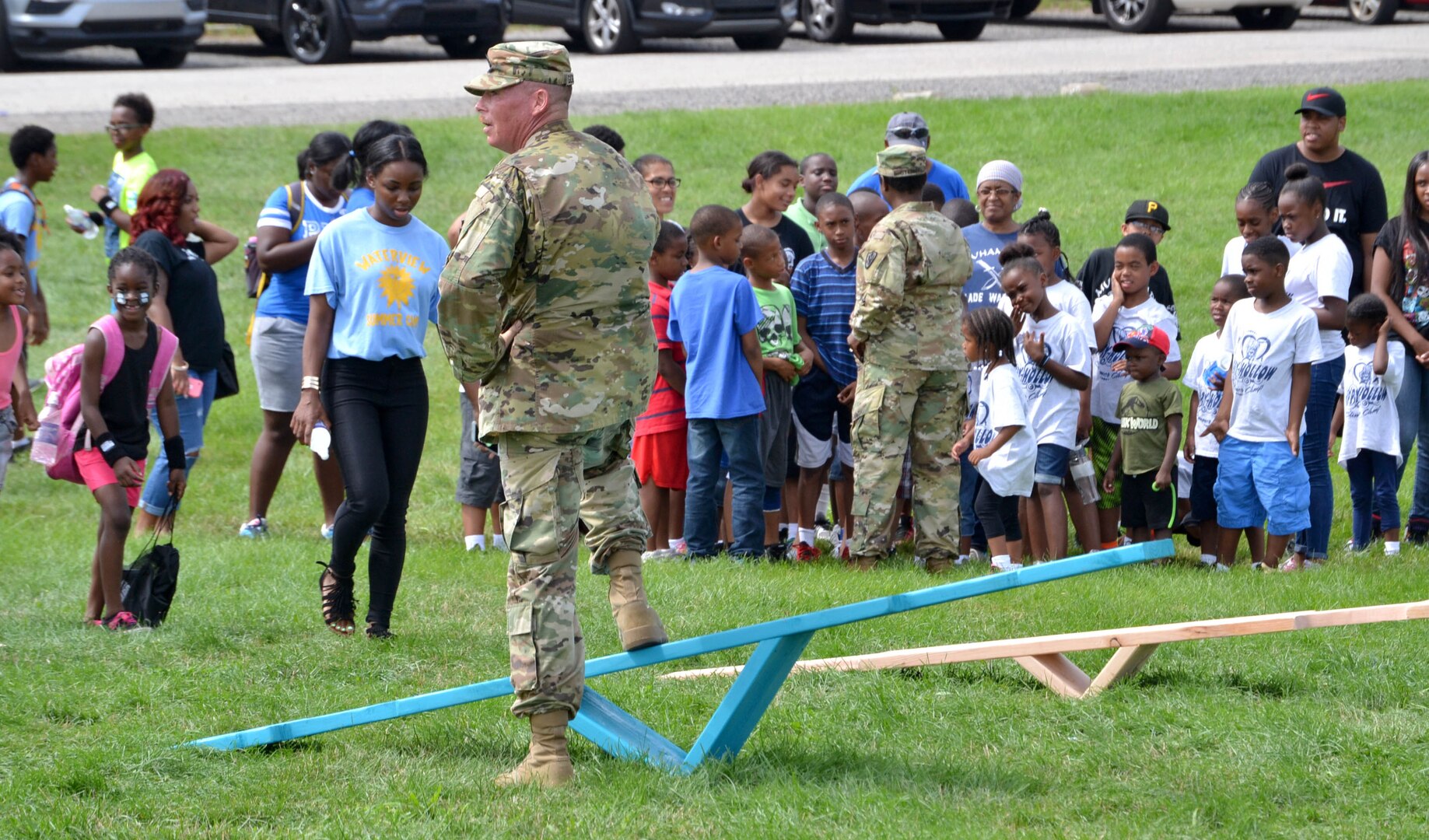 DLA Troop Support active duty personnel were among nearly 40 military personnel to help local children complete seven obstacle courses during the Philly Play Summer Challenge August 10, 2016  in Northeast Philadelphia. More than 2,000 local children participated in the event, aimed at encouraging teamwork and physical fitness.