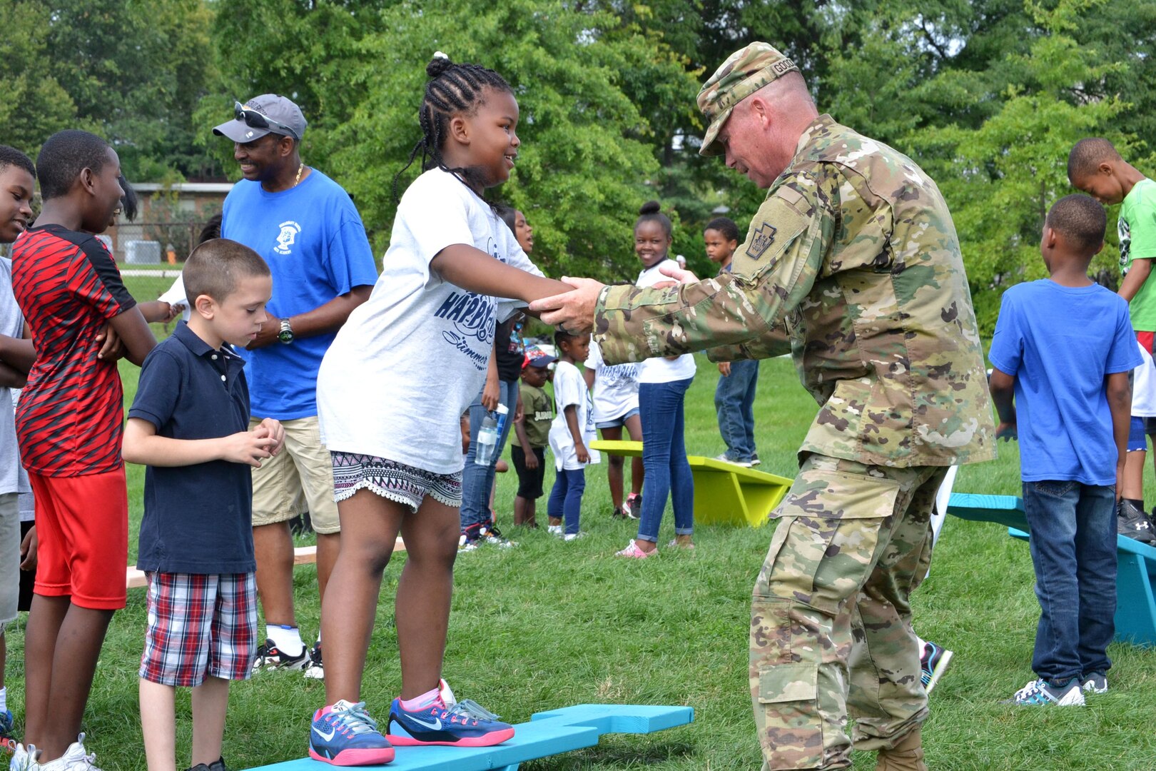 DLA Troop Support active duty personnel were among nearly 40 military personnel to help local children complete seven obstacle courses during the Philly Play Summer Challenge August 10, 2016 in Northeast Philadelphia. More than 2,000 local children participated in the event, aimed at encouraging teamwork and physical fitness.