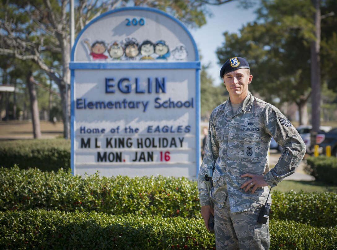 Staff Sgt. Justin Hogg, 96th Security Forces Squadron, is the new School Resource Officer at Eglin Elementary. He is the first Security Forces SRO in the Air Force. School resource officers provide security and crime prevention services to the campuses they serve. (U.S. Air Force photo/Cheryl Sawyers)