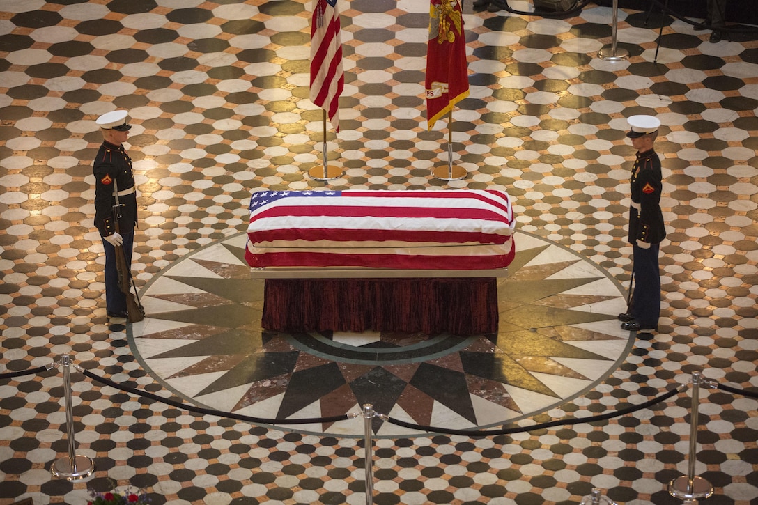 U.S. Marines with Marine Barracks Washington stand guard during the repose of Sen. John H. Glenn, Jr., at the Ohio Statehouse, Columbus, Ohio, Dec. 16, 2016. Having flown 149 combat missions in World War II and the Korean War, John Glenn became the first man to orbit the earth in 1962. After retiring from the space program, Glenn was elected to the Ohio State Senate in 1974. (U.S. Marine Corps photo by Lance Cpl. Daisha R. Sosa/Released)
