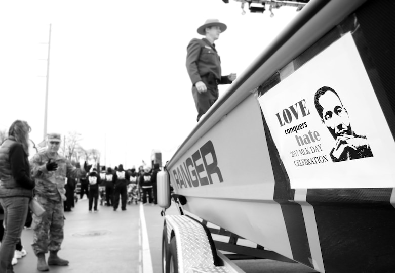Parade theme, "Love Conquers Hate," is displayed on the side of a Tulsa District, U.S. Army Corps of Engineers, boat in preparation for the 38th annual Martin Luther King Jr. Commemorative Parade in Tulsa, Okla., January 16, 2017.   Personnel from the Tulsa District have been participating in the city of Tulsa's MLK Day parade for more than 20 years. (U.S. Army Corps of Engineers photo by Preston Chasteen/Released)