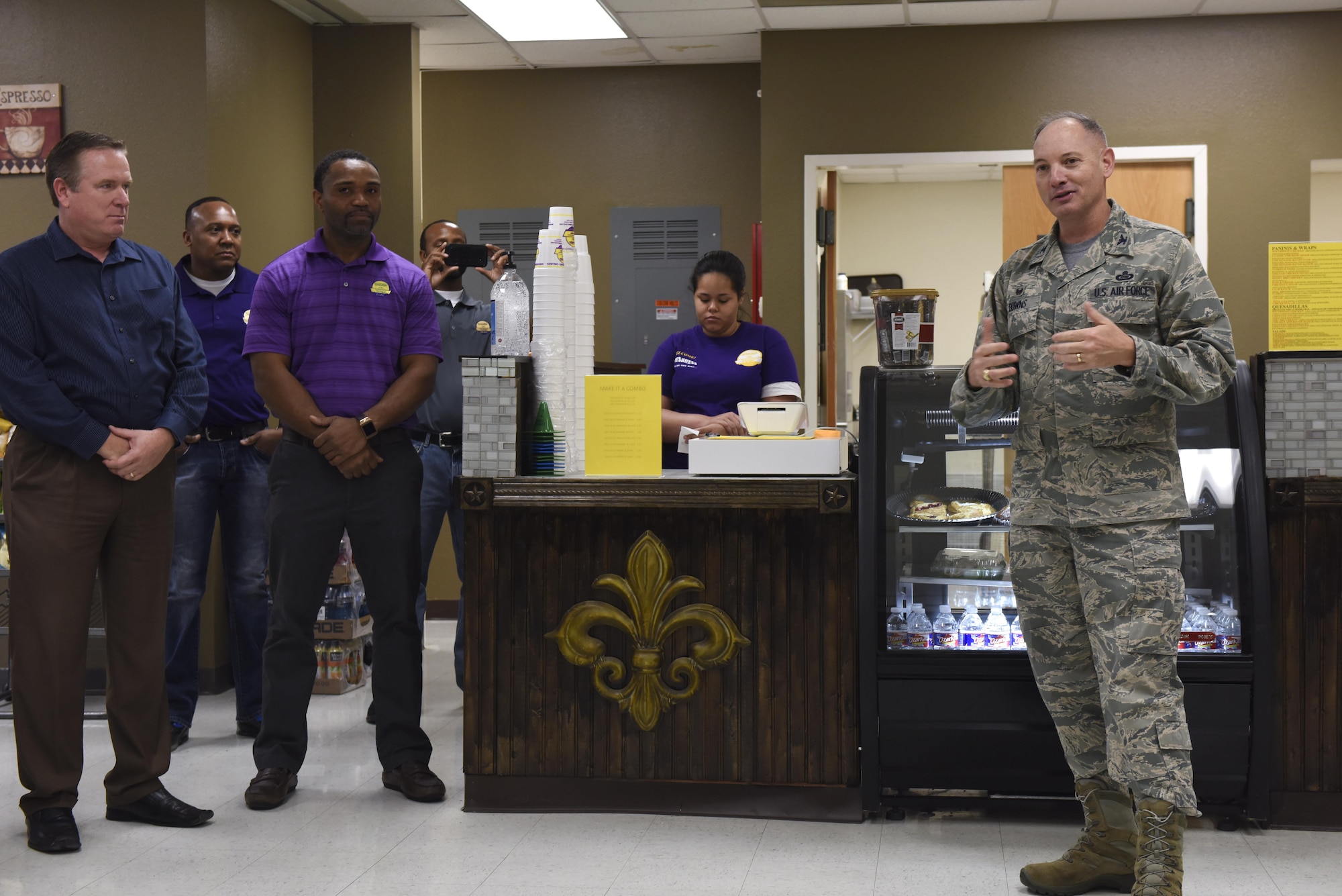 U.S. Air Force Col. Michael Downs, 17th Training Wing Commander, gives a speech about the new coffee shop on Goodfellow Air Force Base, Texas, Jan. 13, 2017. The shop will give Team Goodfellow more food options and a place to get coffee. (U.S. Air Force photo by Airman 1st Class Chase Sousa/Released)