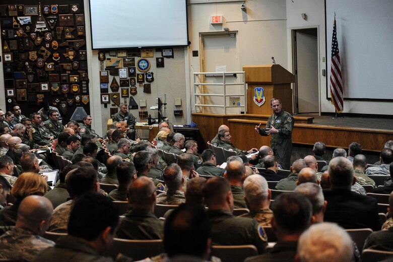 Air Force Chief of Staff Gen. Dave Goldfein delivers the keynote address during the 2017 Weapons and Tactics Conference (WEPTAC) at Nellis Air Force Base, Nev., Jan. 12, 2017. WEPTAC, sponsored by Air Combat Command, brings together hundreds of warfighters from around the Air Force to discuss current issues, examine possible issues of the future, and provide solutions for joint employment of forces.
