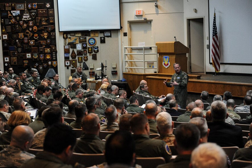 Air Force Chief of Staff Gen. Dave Goldfein delivers the keynote address during the 2017 Weapons and Tactics Conference (WEPTAC) at Nellis Air Force Base, Nev., Jan. 12, 2017. WEPTAC, sponsored by Air Combat Command, brings together hundreds of warfighters from around the Air Force to discuss current issues, examine possible issues of the future, and provide solutions for joint employment of forces.