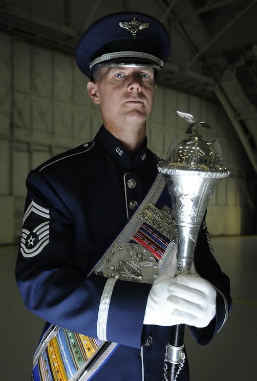 Senior Master Sgt. Daniel Valadie, U.S. Air Force Band drum major, poses for a portrait during media day at Joint Base Andrews, Md. Jan. 13, 2017. Valadie, is responsible for leading the band during ceremonial processions, and is the seventh drum major in its history. (U.S. Air Force Photo by Staff Sgt. Stephanie Morris)