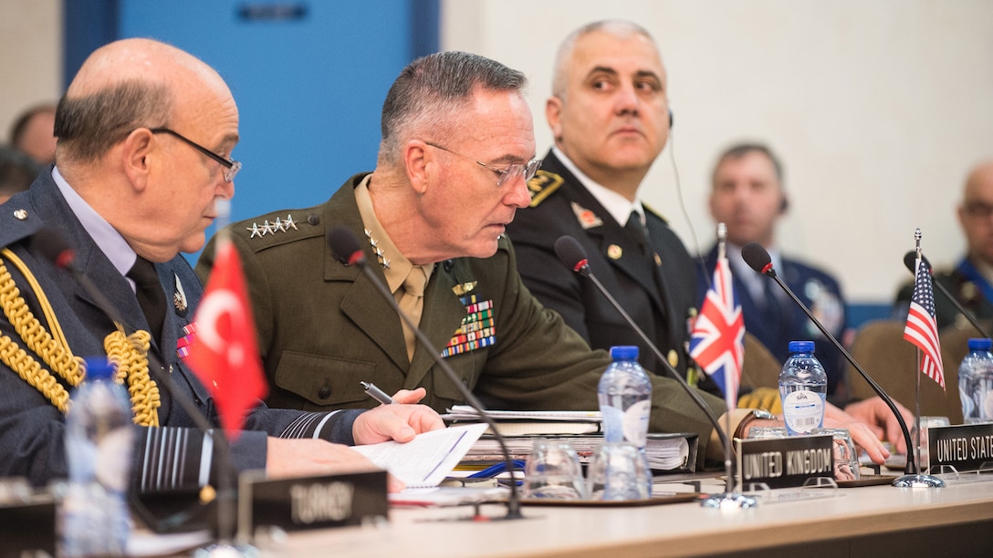 Marine Corps Gen. Joe Dunford, chairman of the Joint Chiefs of Staff, meets with his counterparts at a NATO meeting in Brussels, Jan. 17, 2017. DoD photo by Army Sgt. James K. McCann