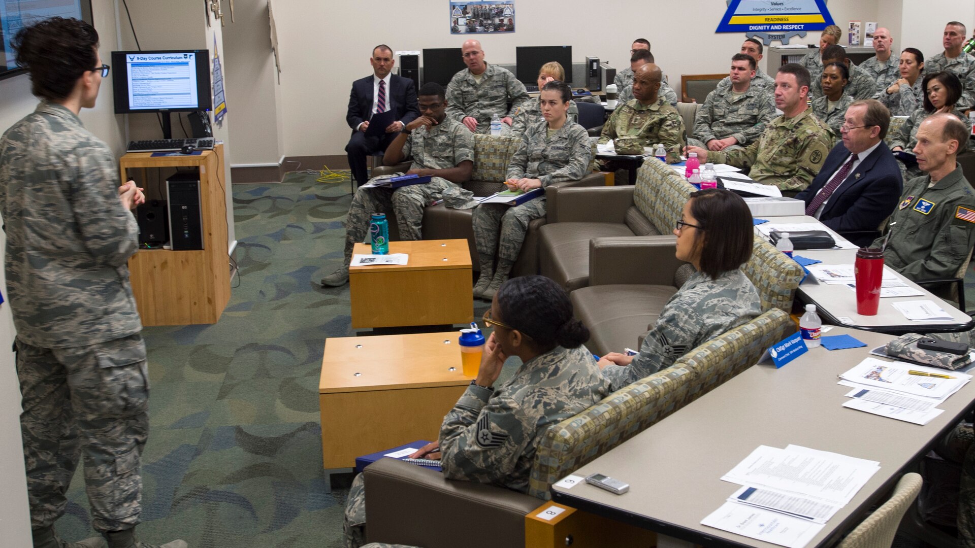 Maj. Crystal Karahan, 59th Medical Wing Gateway Academy chief, shares information about the wing’s Gateway Academy during a briefing at the Wilford Hall Ambulatory Surgical Center, Joint Base San Antonio-Lackland, Texas, Jan. 11. The academy provides instruction on innovative problem solving techniques, inspires people to challenge the status quo, and teaches leadership skills that foster empowerment, trust and respect. (U.S. Air Force photo/Staff Sgt. Kevin Iinuma)