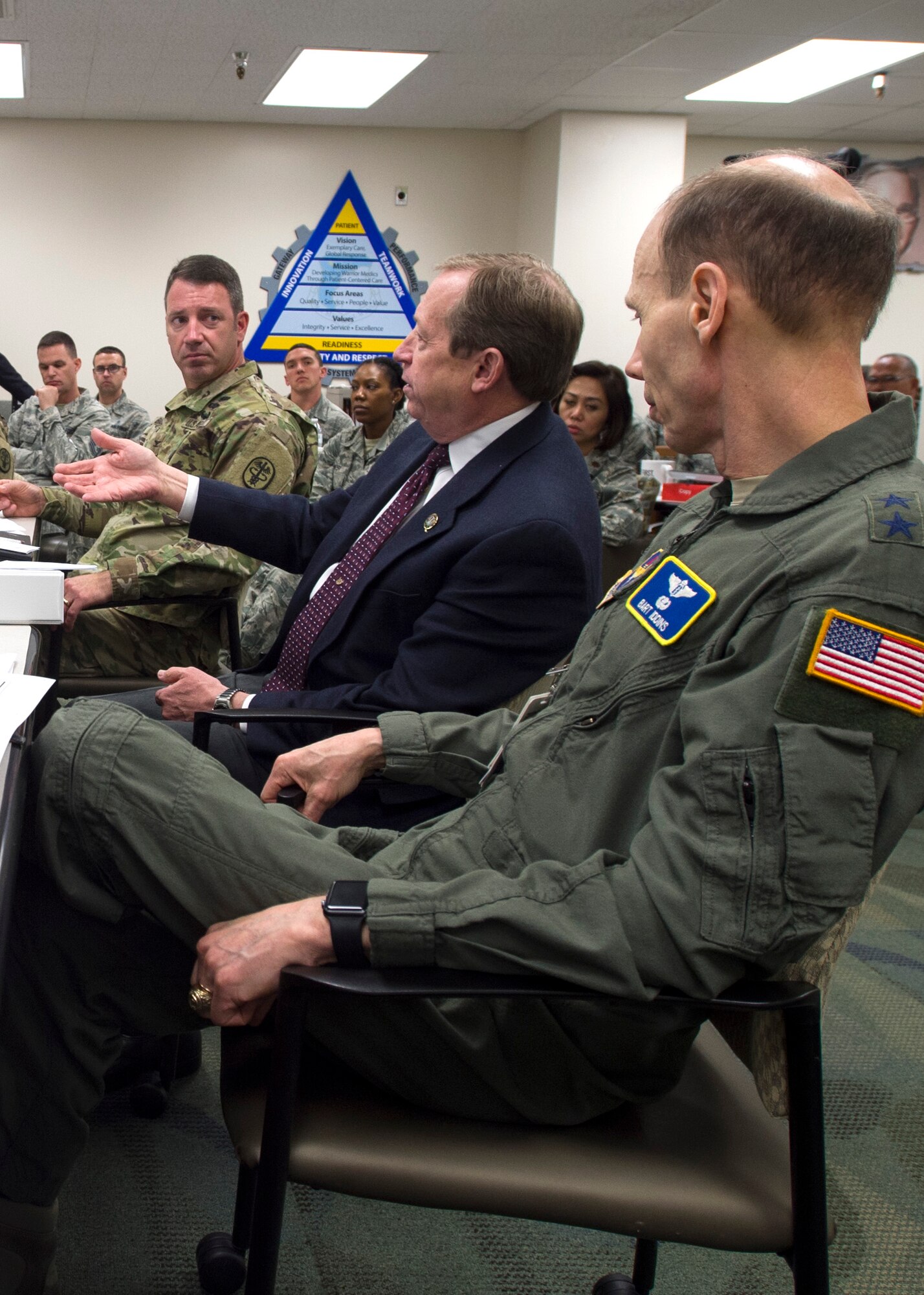 Maj. Gen. Bart Iddins (right), 59th Medical Wing commander, and Army Col. Damon Baine (left), San Antonio Military Health System chief operating officer, listen to Dr. Brent James offer input during a briefing at the Gateway Academy in the Wilford Hall Ambulatory Surgical Center, Joint Base San Antonio-Lackland, Texas, Jan. 11. An internationally known expert in the field of clinical quality improvement, James shared lessons learned from previous job encounters from the past 30 years. He is executive director of the Institute for Health Care Delivery Research and vice president, Medical Research and Continuing Medical Education at Intermountain Healthcare in Salt Lake City, Utah. (U.S. Air Force photo/Staff Sgt. Kevin Iinuma)
