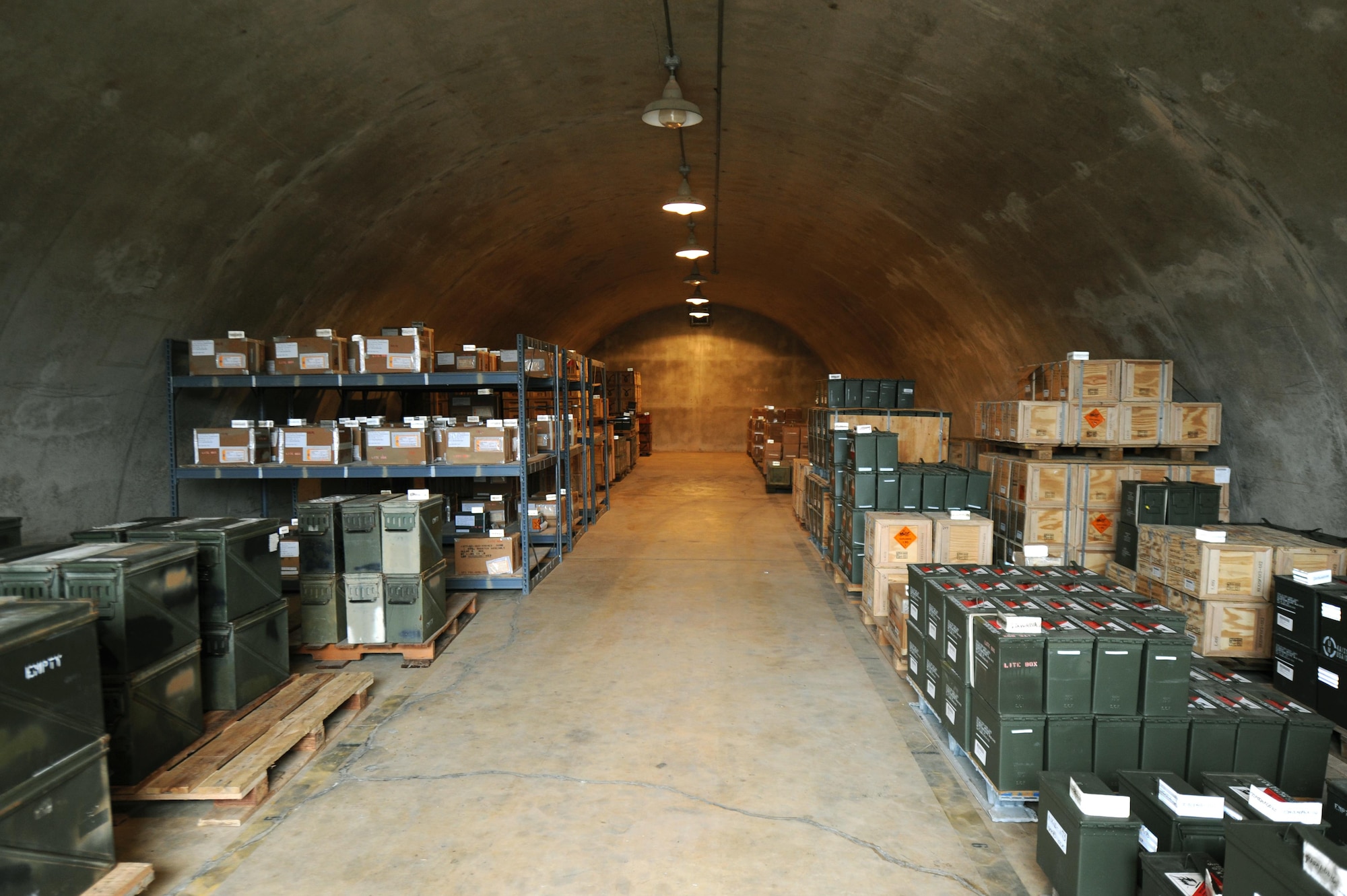 Ammunition containers are stored in an underground bunker for safe keeping by the 19th Maintenance Squadron munitions flight Dec. 13, 2016, at Little Rock Air Force Base, Ark. The munitions flight has the only DOD munitions storage area in the region. (U.S. Air Force photo by Airman 1st Class Grace Nichols)