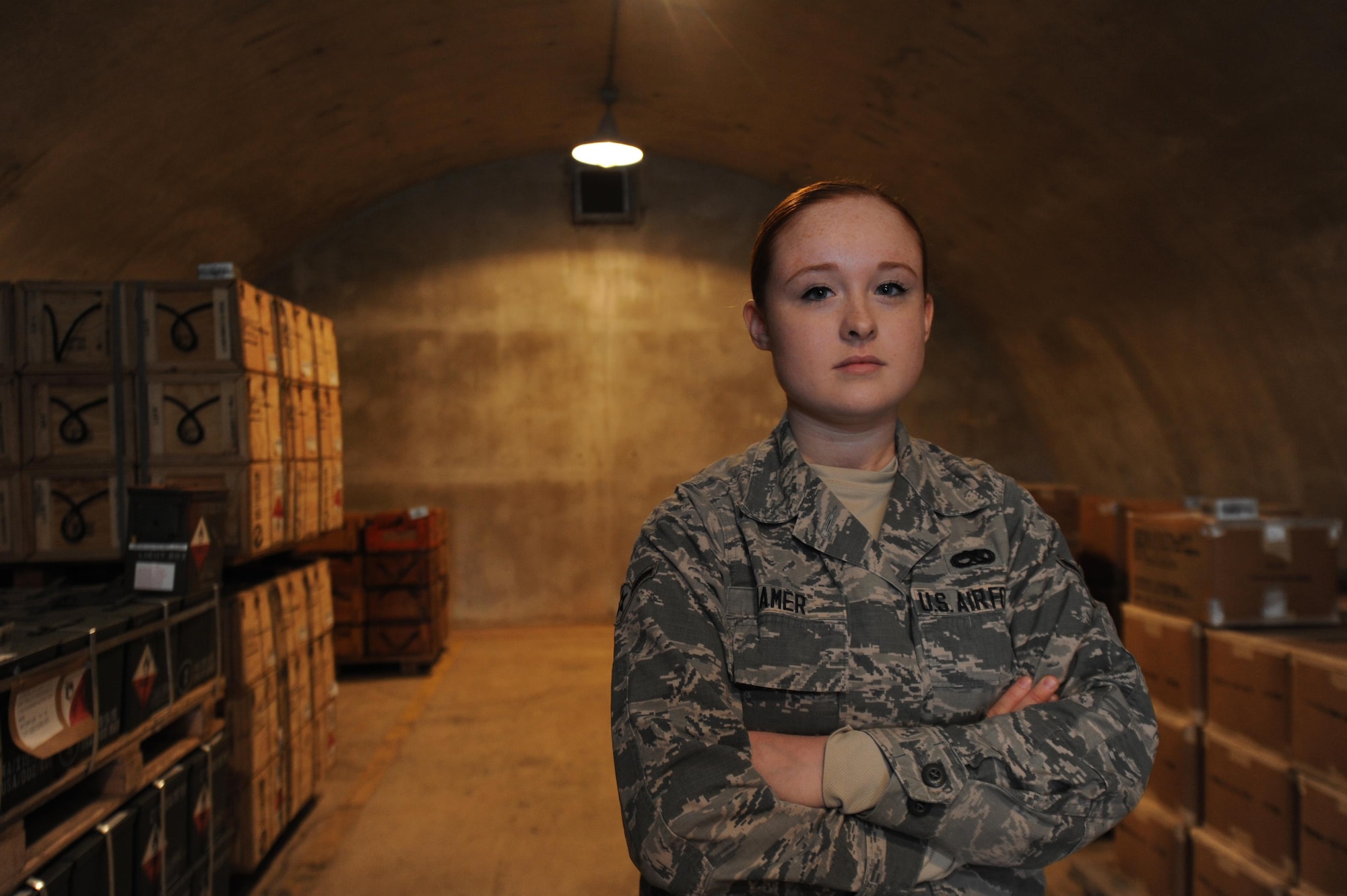 U.S. Air Force Airman Karliepatricia Shamer, 19th Maintenance Squadron munitions storage crew member, transports and stores ammunition on a weekly basis Dec. 13, 2016, at Little Rock Air Force Base, Ark. A team of 19 Airmen inspect and store ammunition on more than 80 acres of land on Little Rock AFB. (U.S. Air Force photo by Airman 1st Class Grace Nichols)