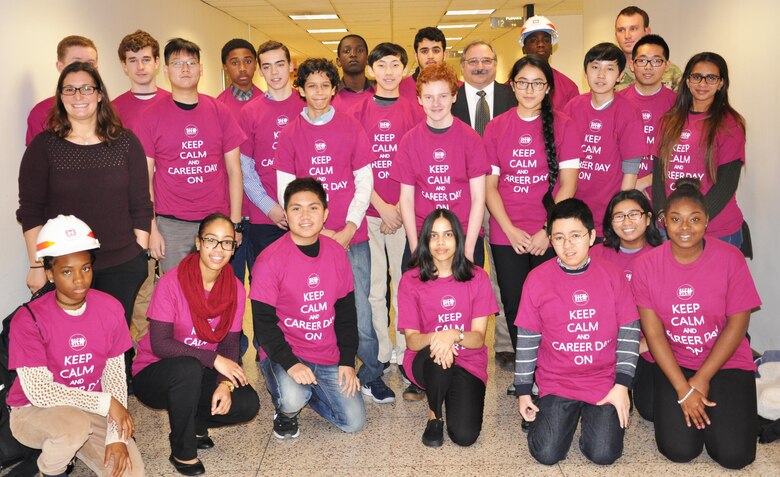 Students from New York City high schools sport T-shirts emblazoned with the slogan, “Keep Calm and Career Day On” as part of STEM (science, technology, engineering and math) Career Day where they learned about science and engineering careers from professionals in the field. District personnel Kara Borzillo (left) and Mike Rovi (in jacket and tie) gave interactive presentations. (Photo: James D’Ambrosio, Public Affairs Specialist).