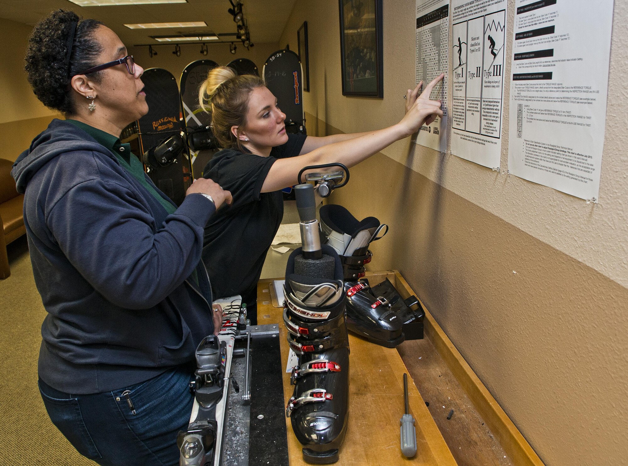 (From left) Dana Sharrit, 5th Force Support Squadron Outdoor Recreation associate, receives training from Ashley Shafer, 5 FSS Outdoor Recreation aid, at Minot Air Force Base, N.D., Dec. 2, 2016. Outdoor Rec. is an organization that gives Airmen and their families the opportunity to experience North Dakota events like skiing, snowboarding and dog sledding. (U.S. Air Force photo/Airman 1st Class Jonathan McElderry)