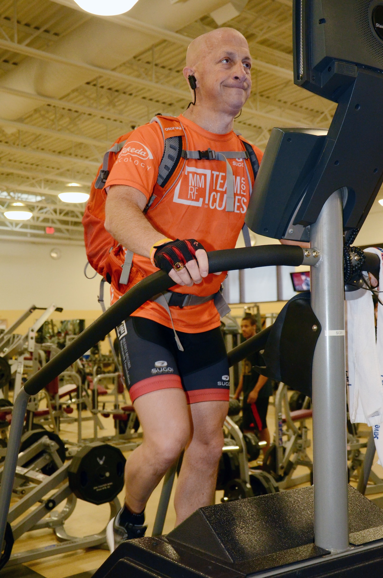 U.S. Air Force Lt. Col. retired Gary Rudman, United States Air Forces Central Command Safety deputy director, climbs a stair machine at Shaw Air Force Base, S.C., Dec. 14, 2016. Rudman is conditioning his body to prepare for his climb in February to Mount Kilimanjaro, Tanzania. (U.S. Air Force photo by Tech. Sgt. Jim Araos/Released)