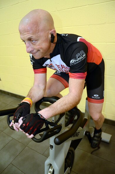 U.S. Air Force Lt. Col. retired Gary Rudman, United States Air Forces Central Command Safety deputy director, cycles at Shaw Air Force Base, S.C., Dec. 14, 2016. Rudman is conditioning his body to climb Mount Kilimanjaro, Tanzania, to raise money for multiple myeloma research in February. (U.S. Air Force photo by Tech. Sgt. Jim Araos/Released)