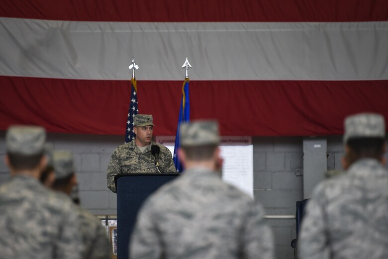 Col. Harry Seibert, commander of the 1st Special Operations Maintenance Group, speaks during the 1st Special Operations Aircraft Maintenance Squadron Assumption of Command ceremony at Hurlburt Field, Fla., Jan. 12, 2017. Lt. Col. Philip Broyles, who previously served as the commander of the 801st Special Operations Aircraft Maintenance Squadron, assumed command of the 1st SOAMXS. (U.S. Air Force photo by Airman 1st Class Joseph Pick)