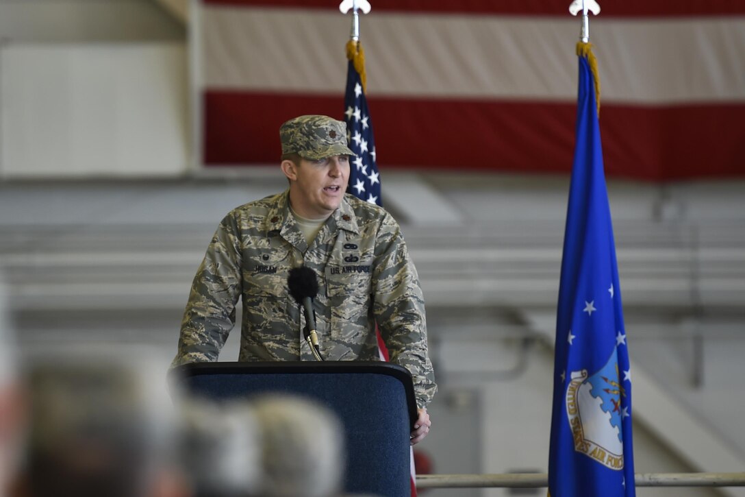 Maj. Bryan Hogan, commander of the 801st Special Operations Aircraft Maintenance Squadron, gives remarks during a change of command ceremony at Hurlburt Field, Fla., Jan. 12, 2017. Hogan took command of the 801st SOAMXS from outgoing commander, Lt. Col. Philip Broyles. (U.S. Air Force photo by Airman 1st Class Joseph Pick)