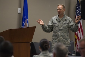 Lt. Col. Trevor Rosenberg, Profession of Arms Center of Excellence instructor, teaches "Professionalism: Enhancing Human Capital" on Nov. 29, 2016, at March Air Reserve Base, California. The day-long course focuses on self-reflection as pathway to becoming better in all aspects of personal and professional life. (Air National Guard photo by Airman 1st Class Crystal Housman)