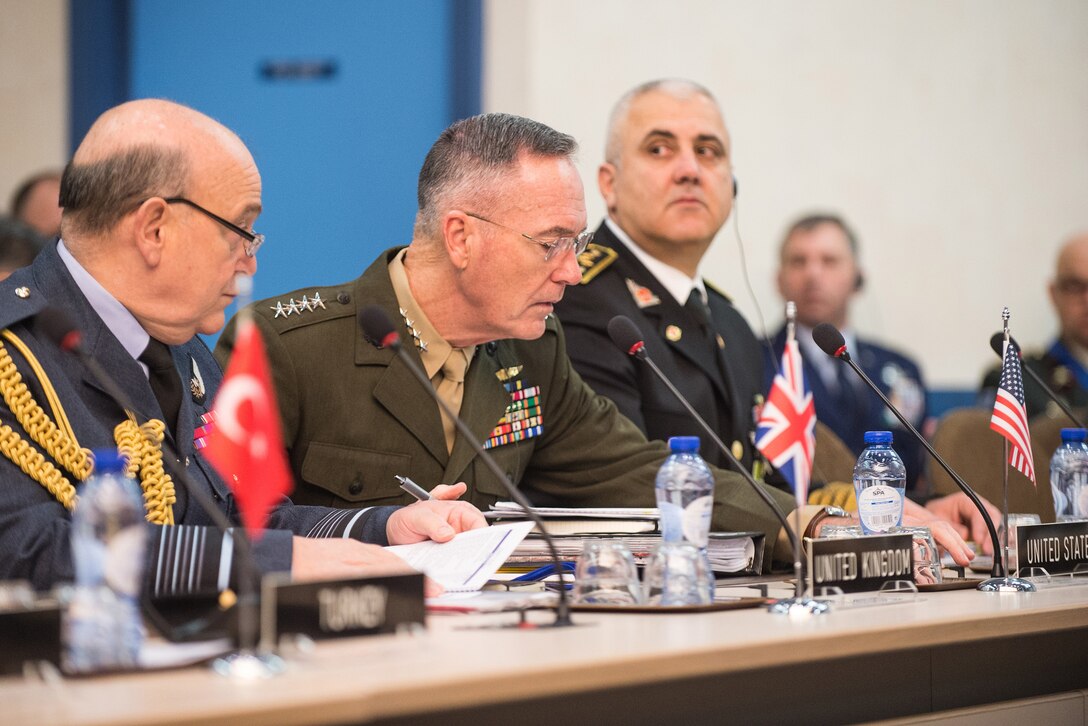 Marine Corps Gen. Joe Dunford, chairman of the Joint Chiefs of Staff, meets with his counterparts at a NATO meeting in Brussels,  Jan. 17, 2017. DoD photo by Army Sgt. James K. McCann